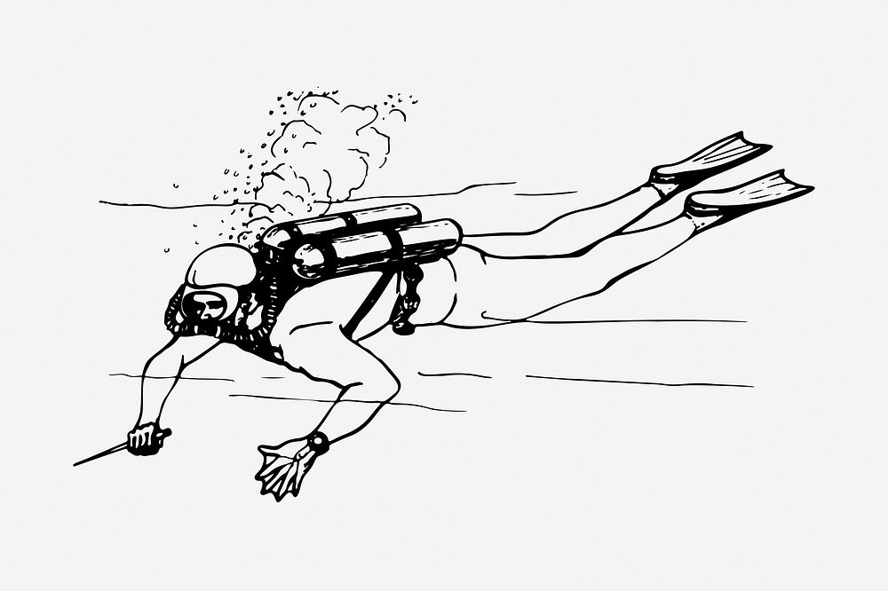 Scuba diver drawing, vintage illustration. Free public domain CC0 image.