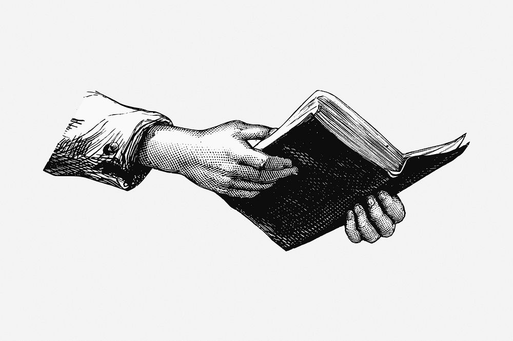 Hands holding book drawing, vintage illustration. Free public domain CC0 image.