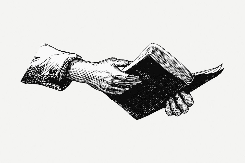 Hands holding book drawing, vintage illustration psd. Free public domain CC0 image.