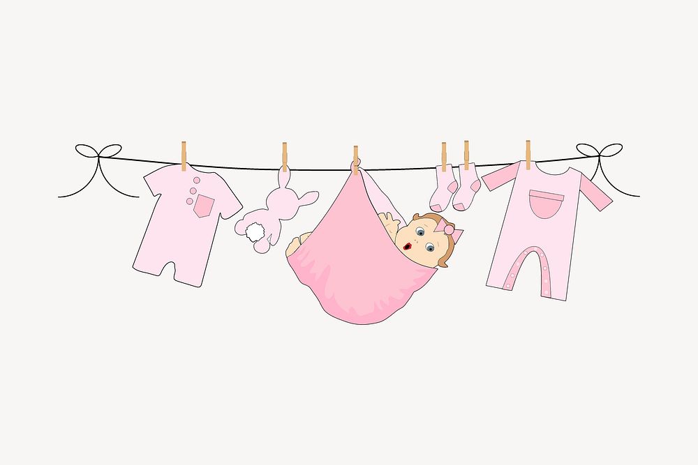 Pink baby clothes, laundry illustration. Free public domain CC0 image.