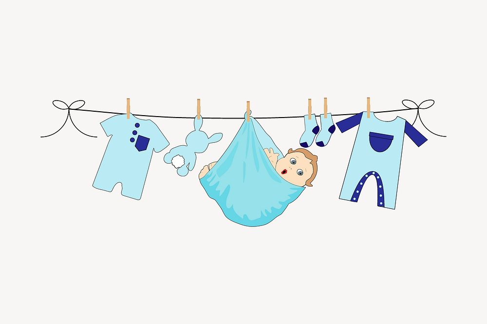 Blue baby clothes, laundry illustration. Free public domain CC0 image.