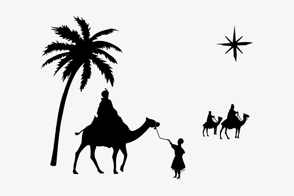 Biblical Magi silhouette drawing, religious illustration. Free public domain CC0 image.