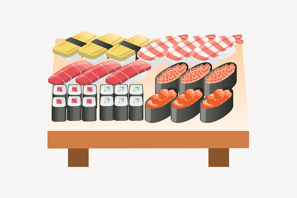 Sushi platter sticker, Japanese food illustration vector. Free public domain CC0 image.