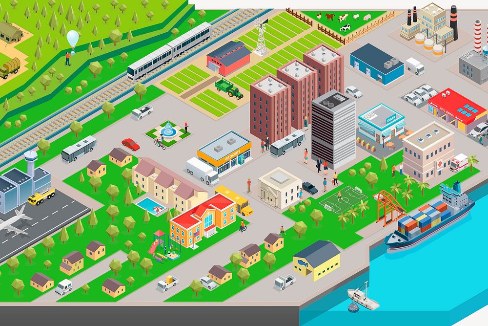 3D game city background, colorful illustration. Free public domain CC0 image.
