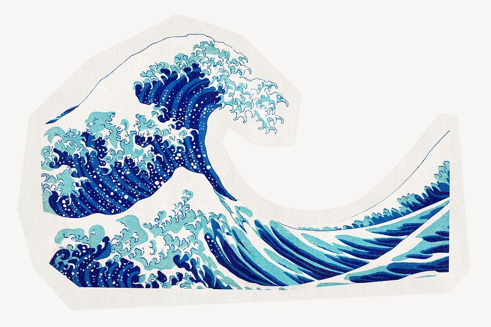 Great Wave off Kanagawa, Katsushika Hokusai's painting on a rough cut paper effect design, remixed by rawpixel