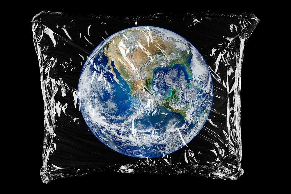 Earth in plastic, black background