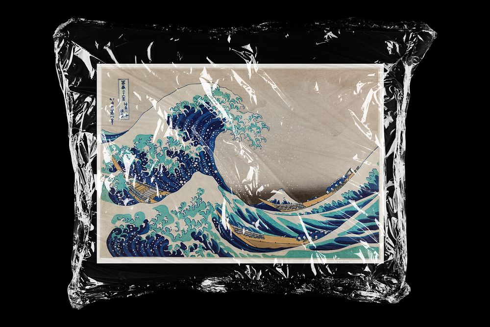 Hokusai's Great Wave artwork in plastic, black background, remixed by rawpixel