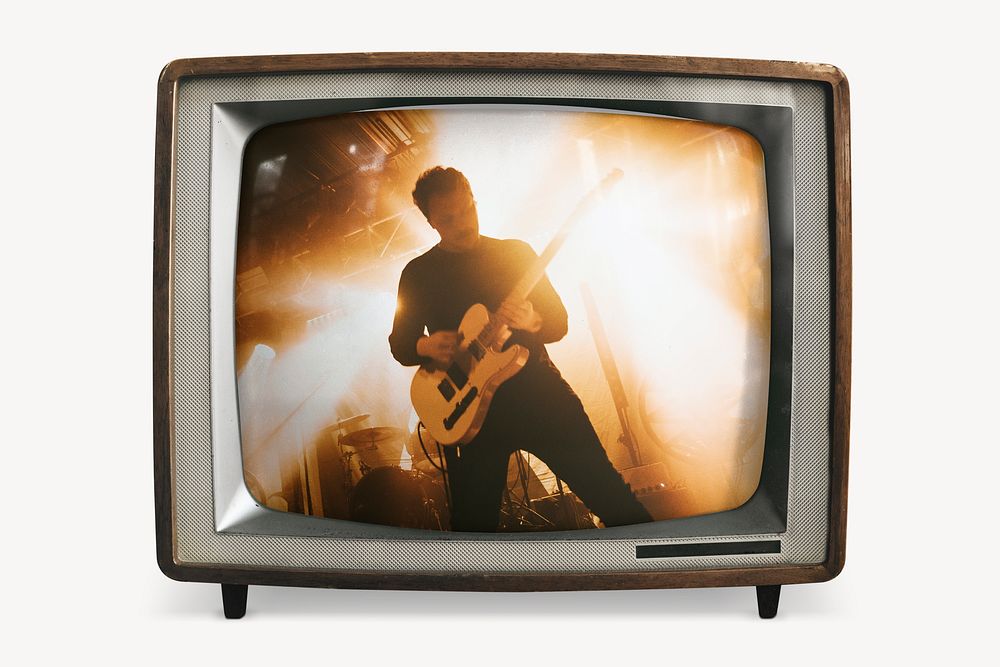Guitarist performing concert on retro television, rock band, music photo