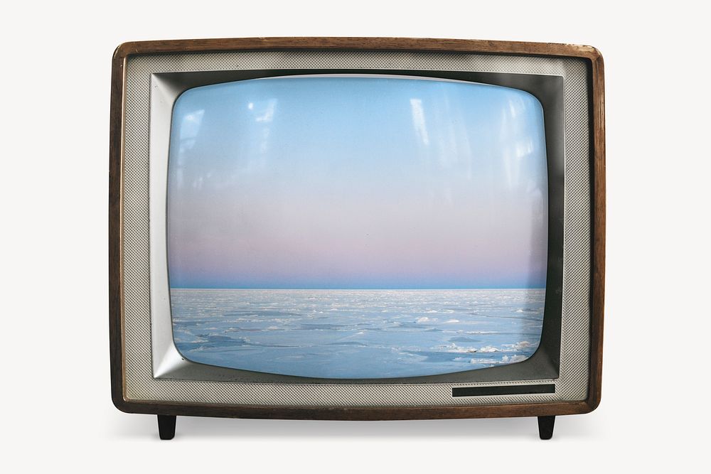 Peaceful ocean on retro television, nature photo