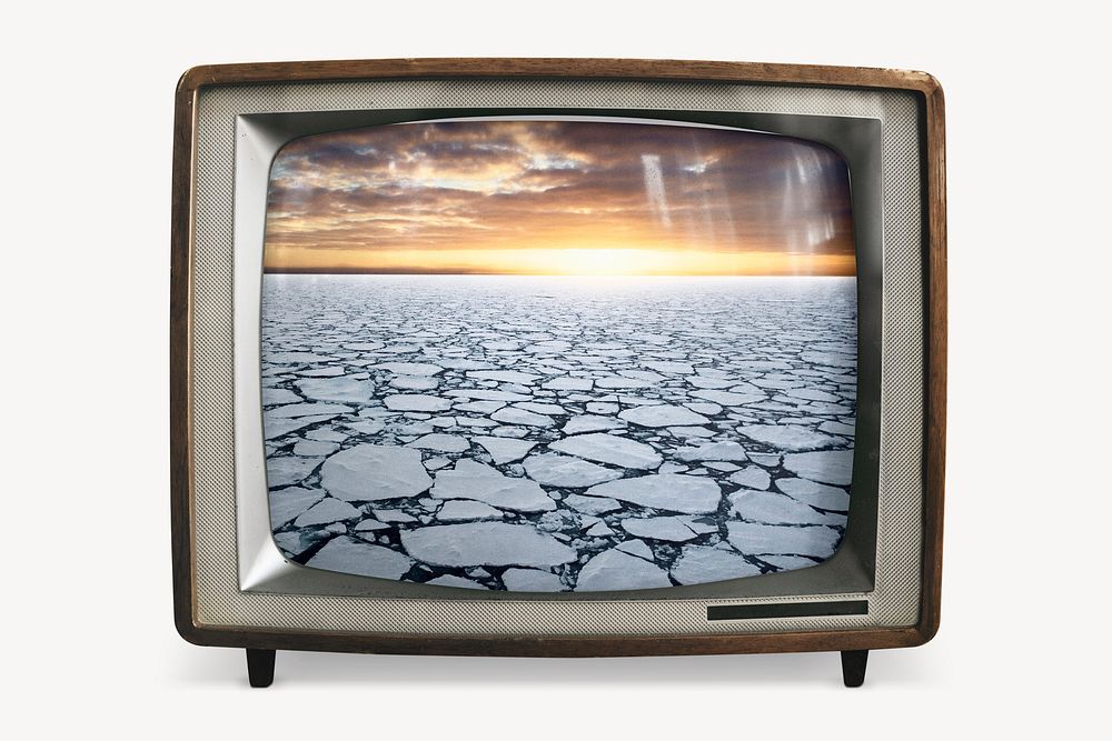 Melting ice ocean on retro television, environment photo