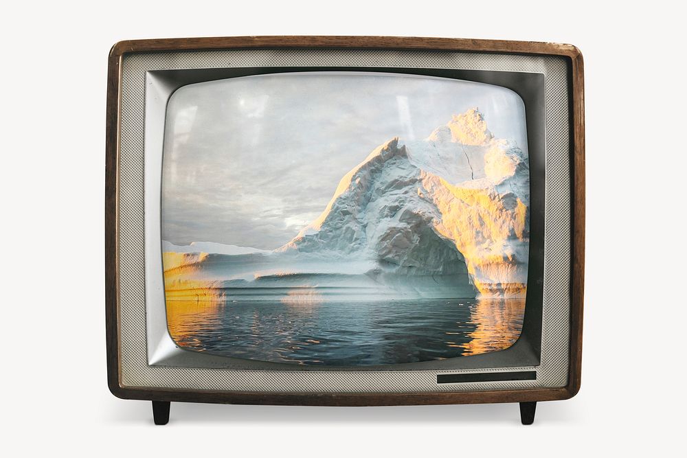 Warming ice mountains on retro television, environment photo
