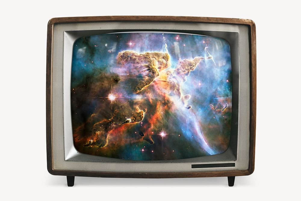Aesthetic nebula galaxy on retro television, space photo