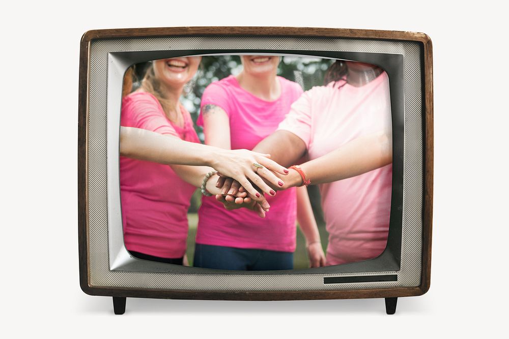 Breast cancer awareness on retro television, women joined hands photo