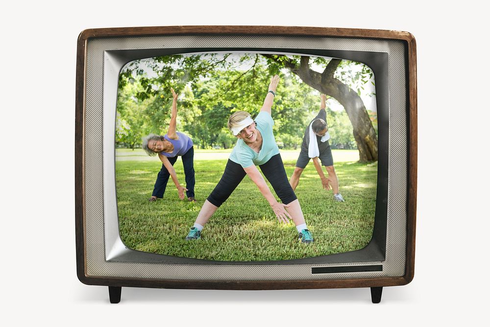 Mature women exercising on retro television, wellness photo