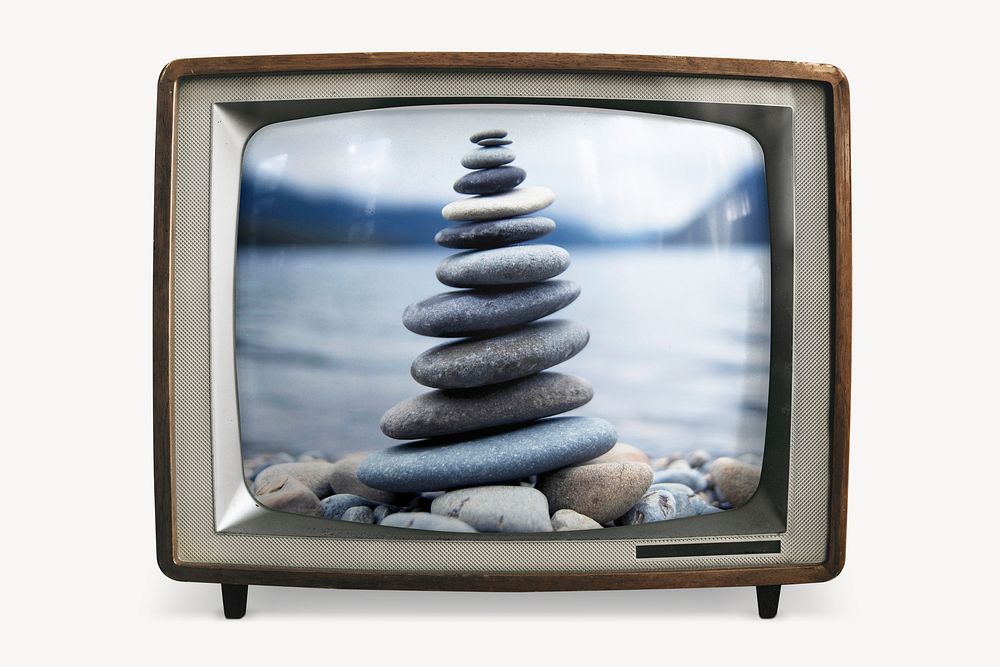 Zen stones on retro television, wellness photo