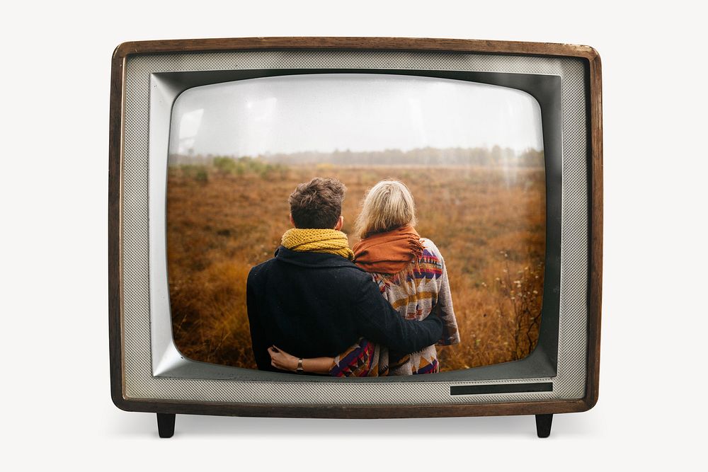 Tourist couple hugging on retro television, travel photo