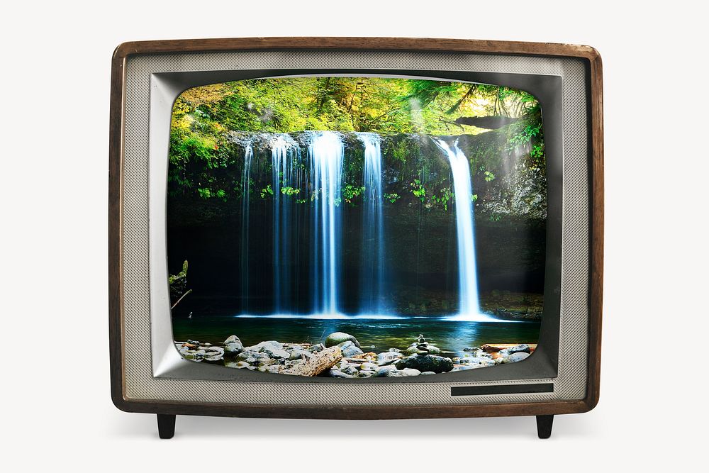 Waterfall forest on retro television, nature photo