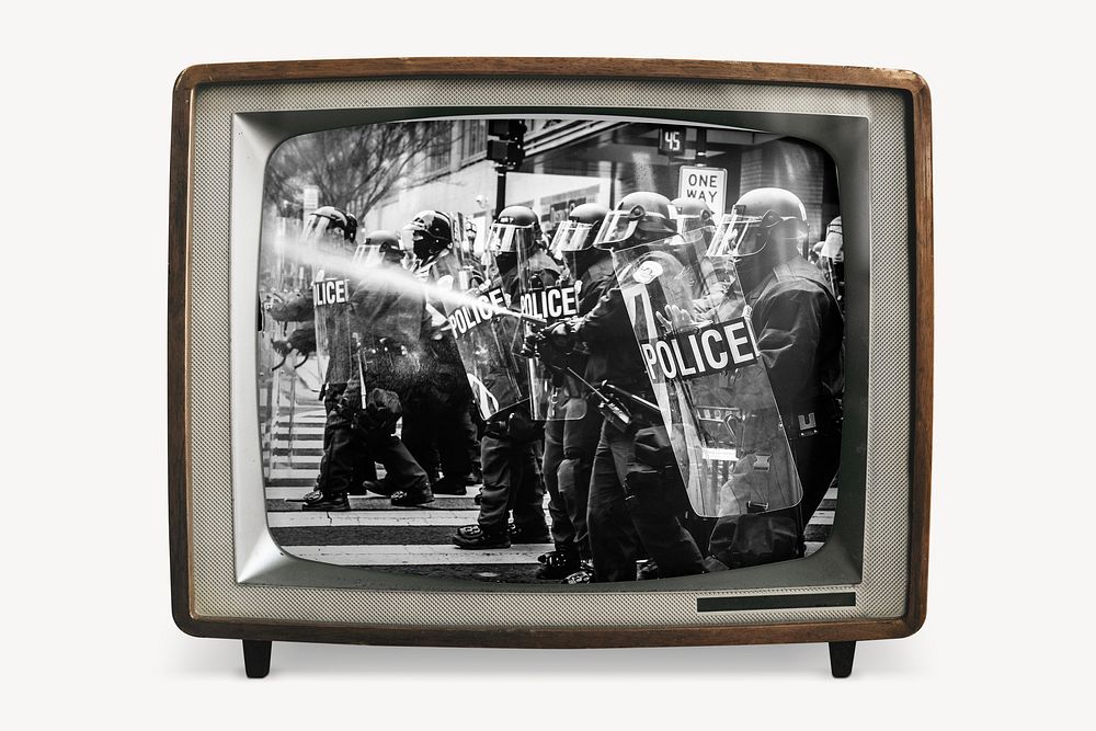 Police brutality on retro television, protest photo