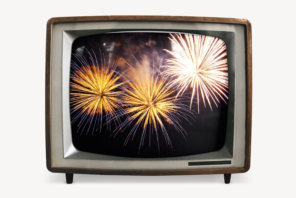 Fireworks aesthetic on retro television, celebration photo