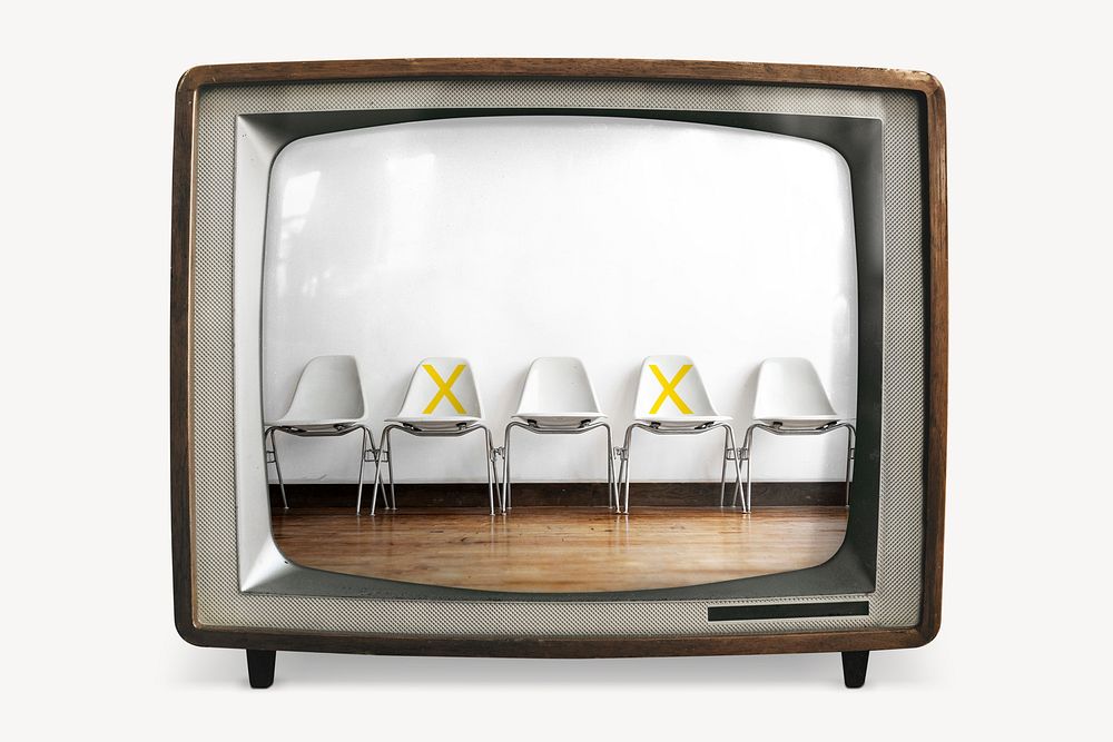 Social distancing seats on retro television, chairs photo