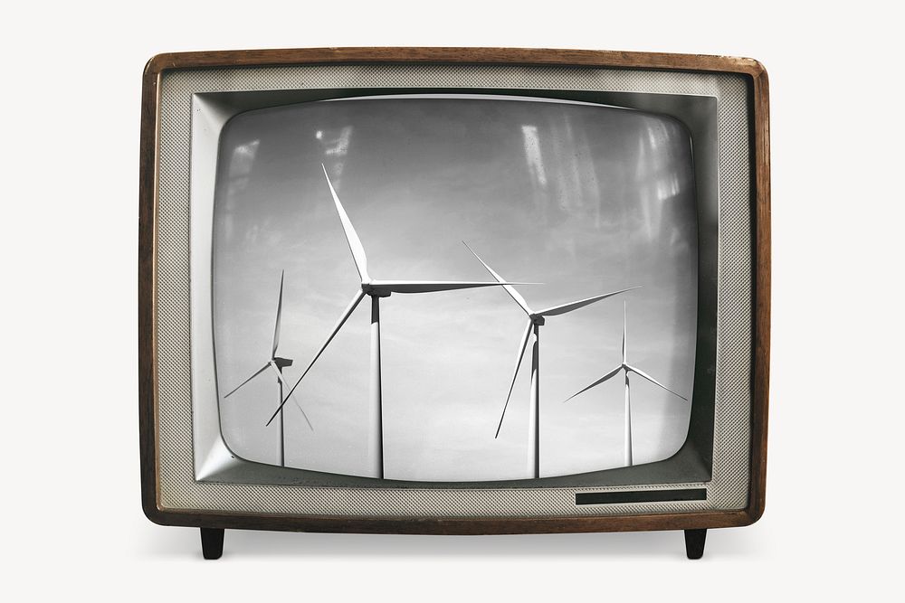 Wind turbines farm on retro television, environment photo