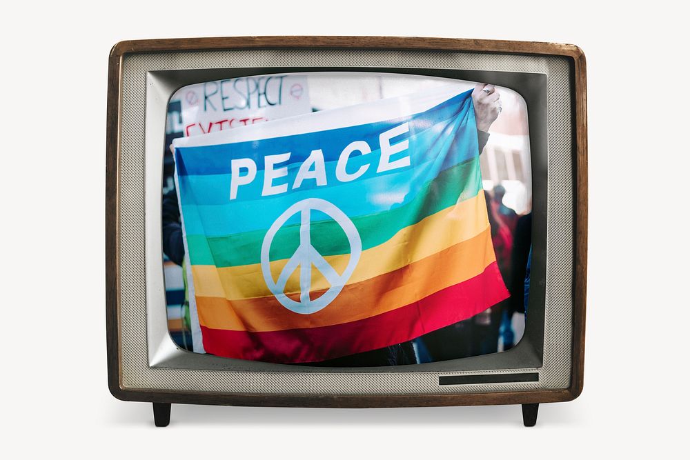 LGBTQ peace flag on retro television, protest photo