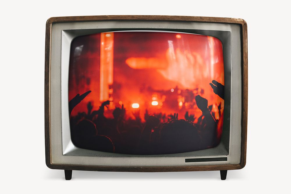 Crowd cheering at concert on retro television, musical performance photo