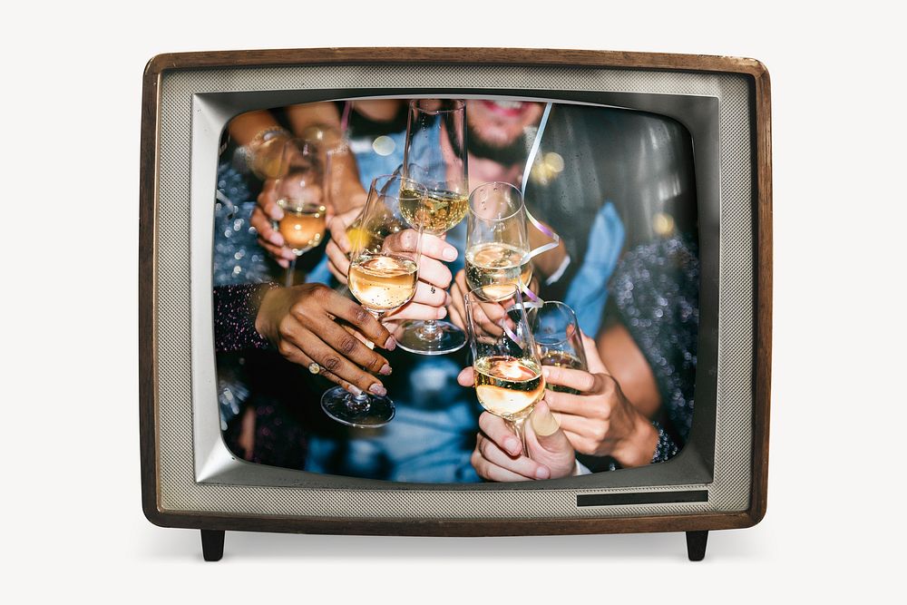 Clinking champagne glasses on retro television, celebration photo