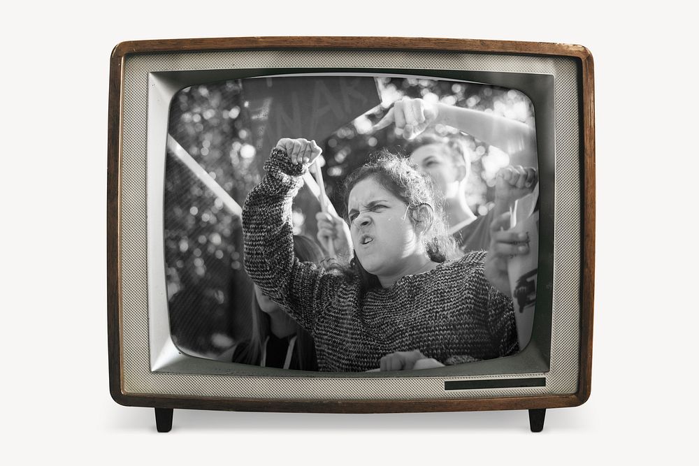 Woman protesting on retro television, social issues photo