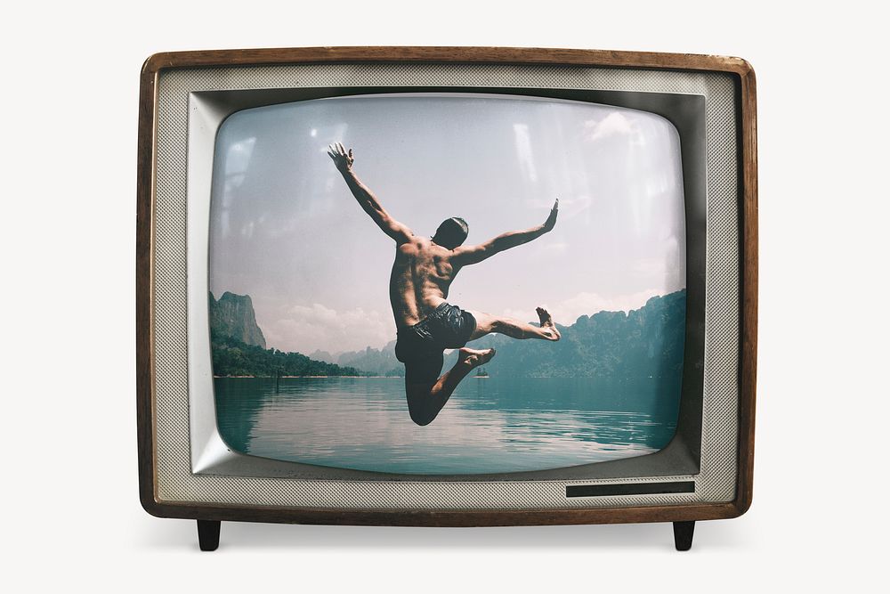 Man jumping by a lake on retro television, travel photo