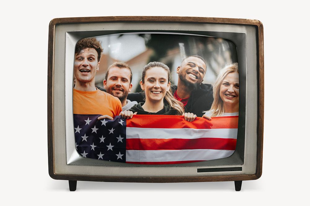 Diverse people holding American flag on retro television, equality photo