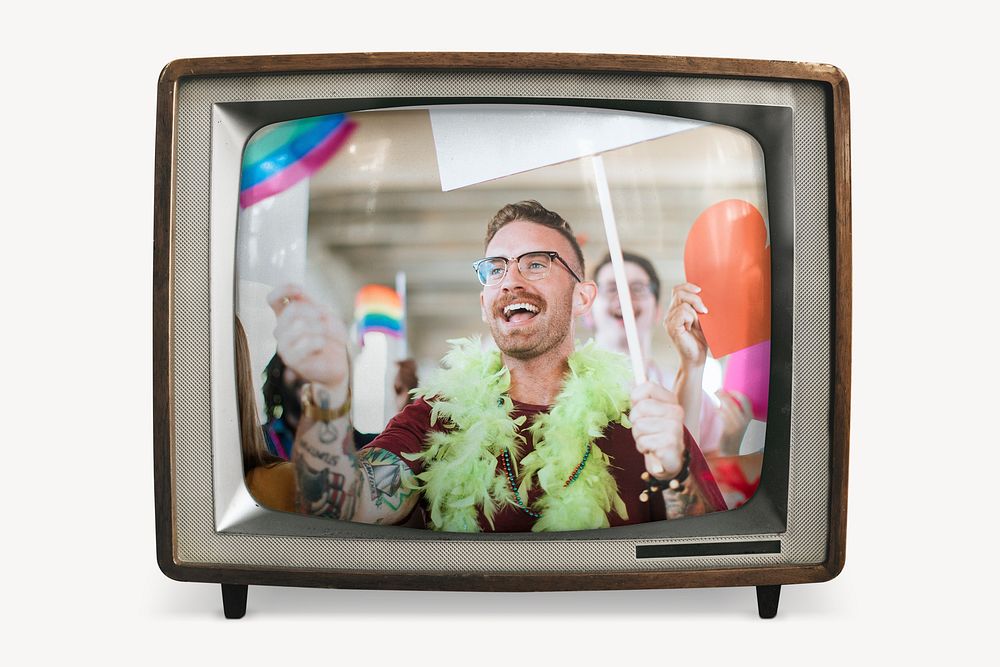 LGBTQ peaceful protest on retro television, man cheering photo