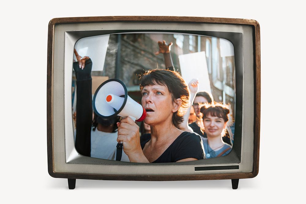 Woman holding megaphone on retro television, protest photo