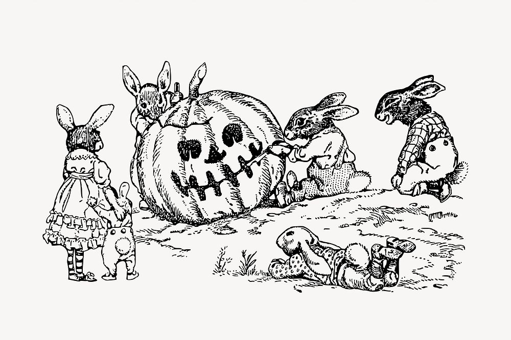 Halloween rabbits drawing, vintage illustration psd. Free public domain CC0 image.