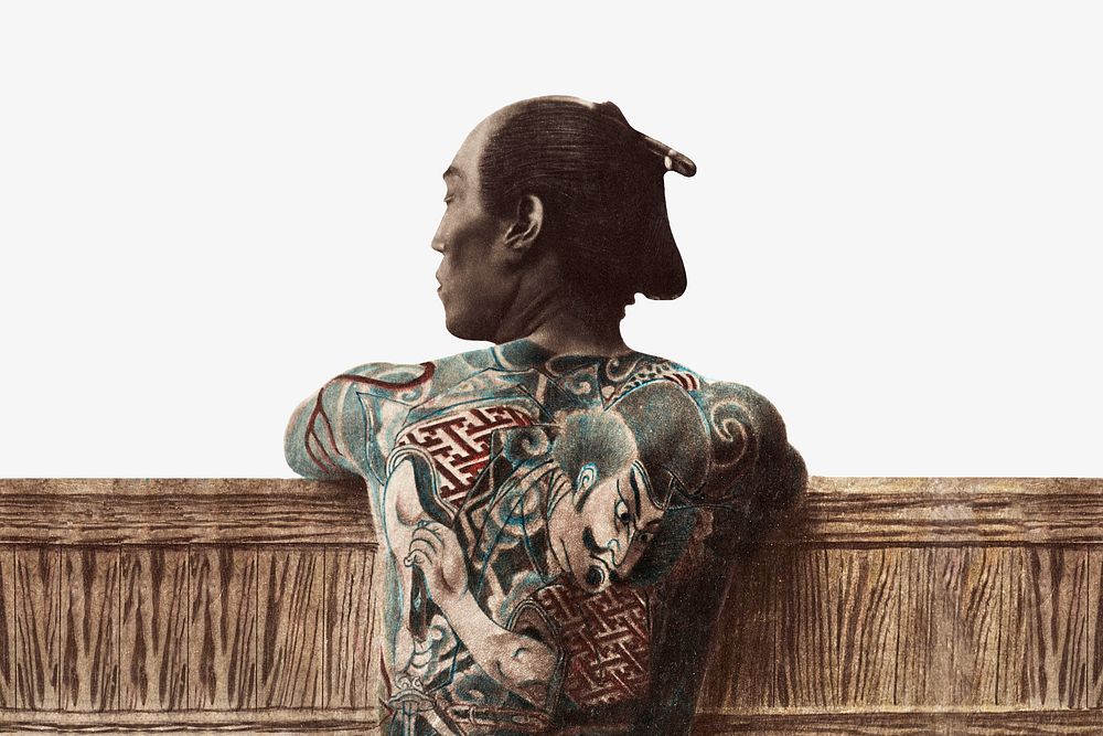 Tattooed Japanese man, artwork background