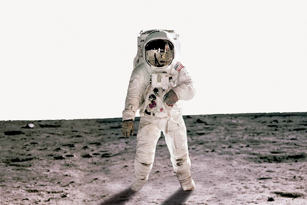 Space background, astronaut walking on the moon