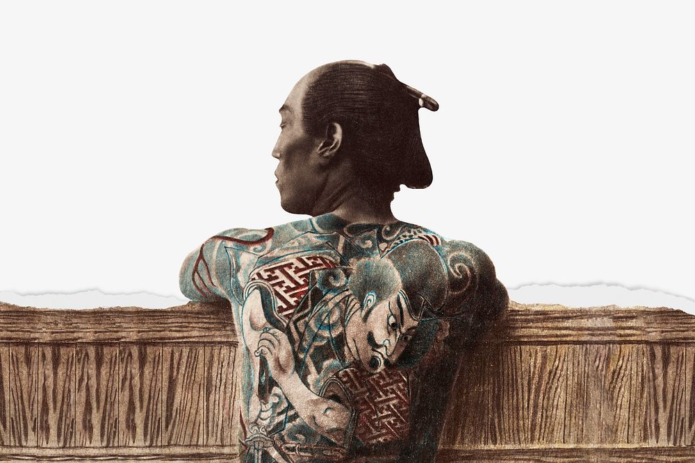 Tattooed Japanese man background, ripped paper texture border