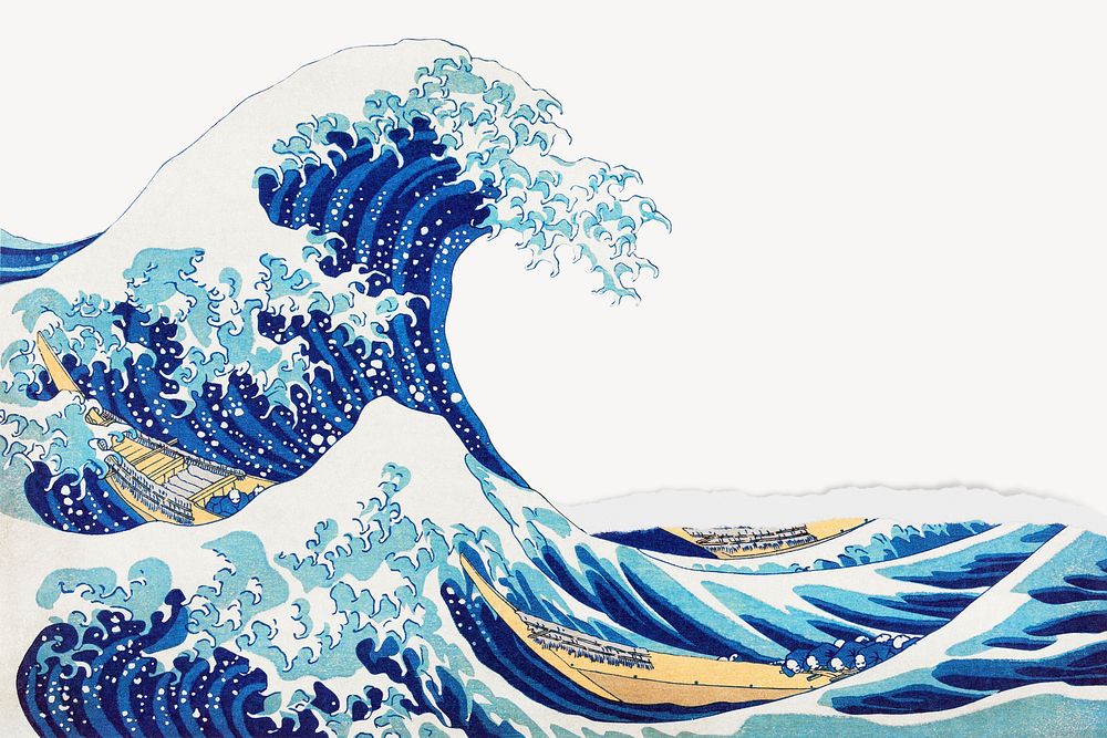 Hokusai's The Great Wave background, ripped paper texture border design, remixed by rawpixel