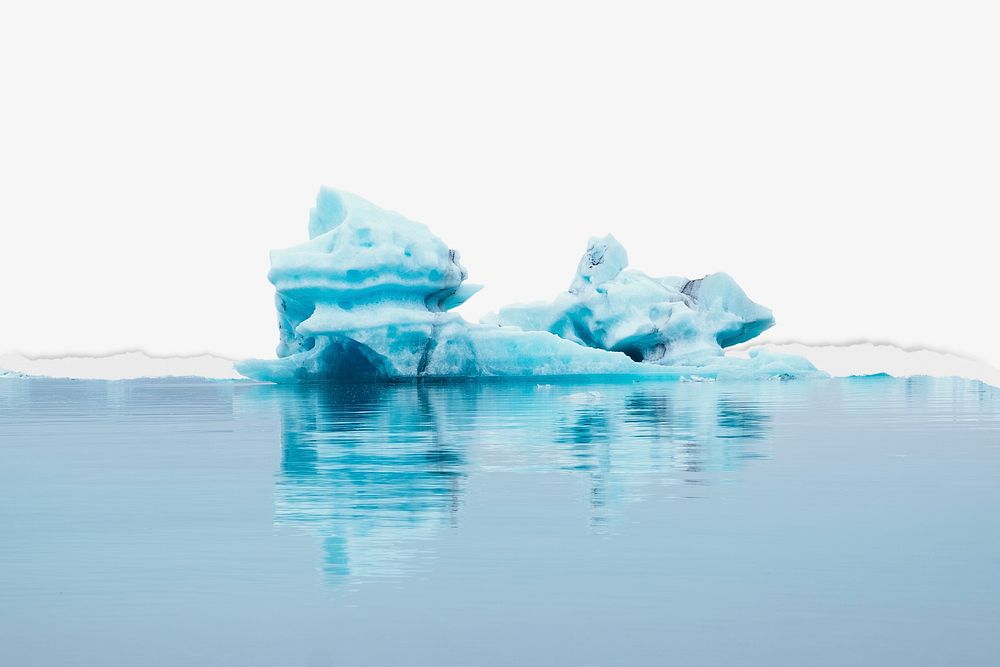 Melting iceberg, environment background, ripped paper texture border