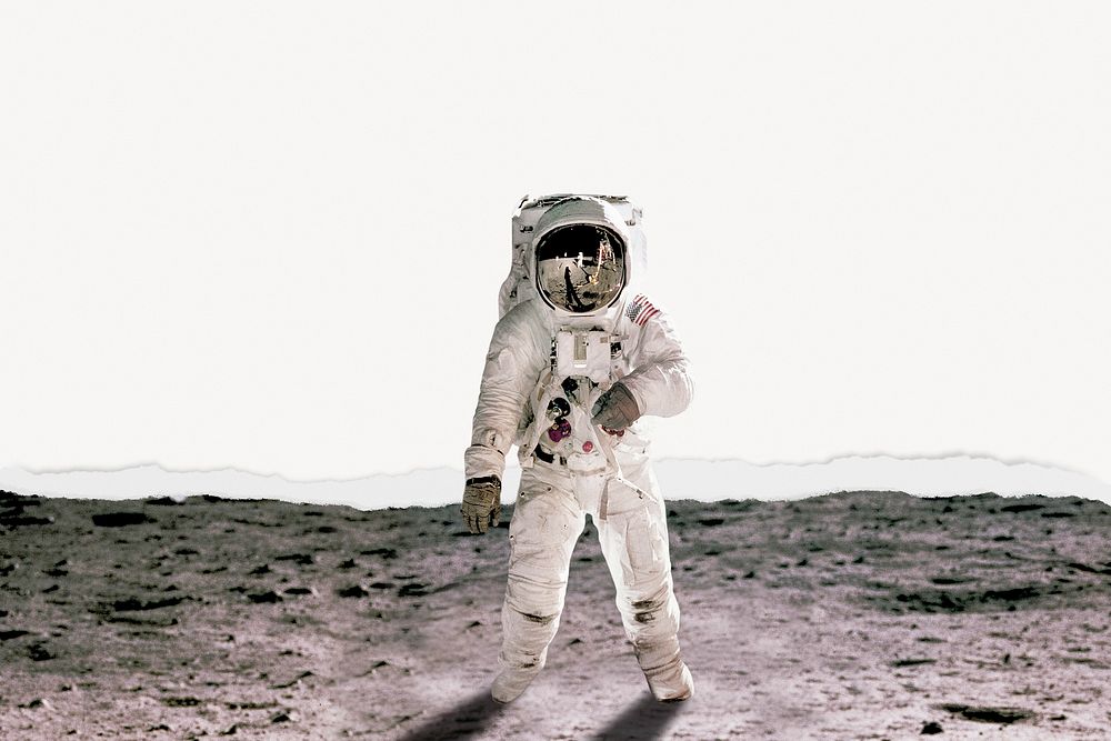 Astronaut background, walking on the moon, ripped paper texture border