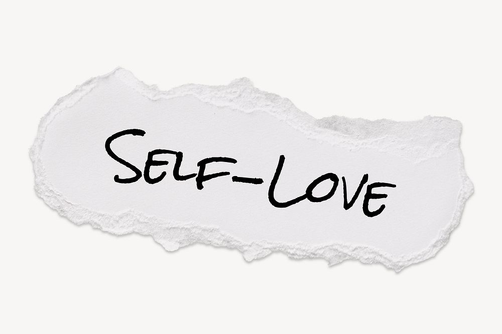 Self love word, typography on ripped paper, white collage element psd