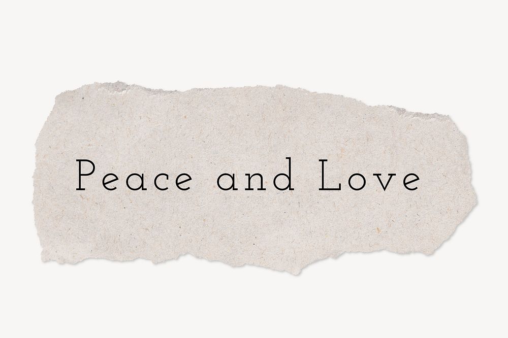 Peace and love word, ripped paper, beige collage element psd
