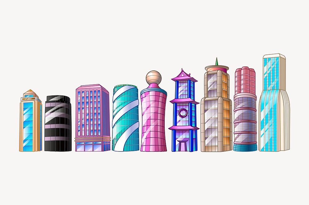 Colorful buildings clipart, cartoon architecture illustration. Free public domain CC0 image.