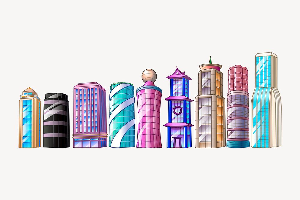 Colorful buildings sticker, cartoon architecture illustration psd. Free public domain CC0 image.