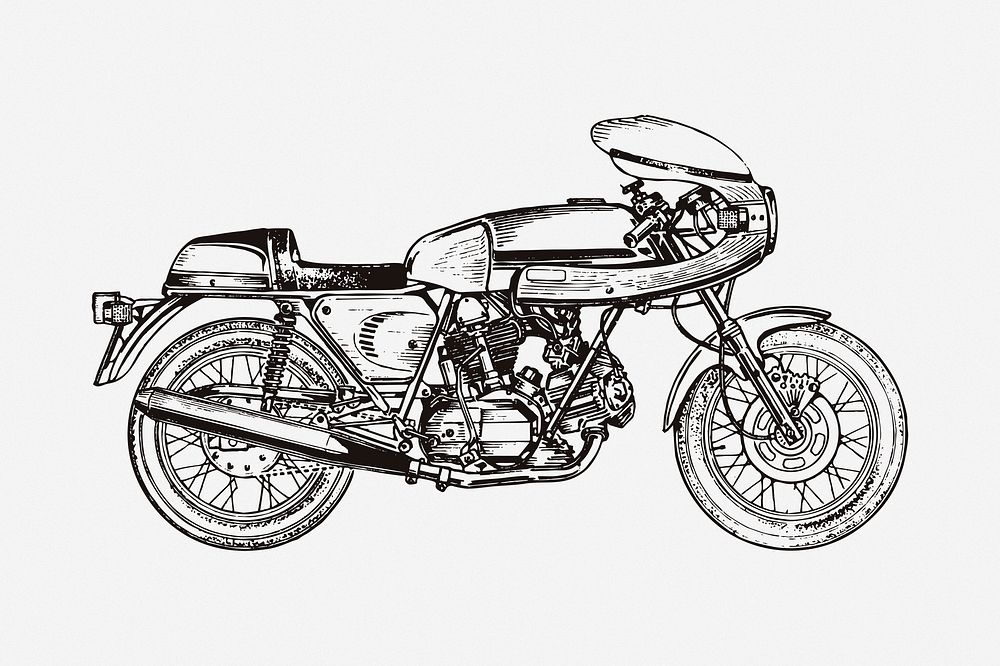 Classic motorcycle drawing, vehicle illustration. Free public domain CC0 image.