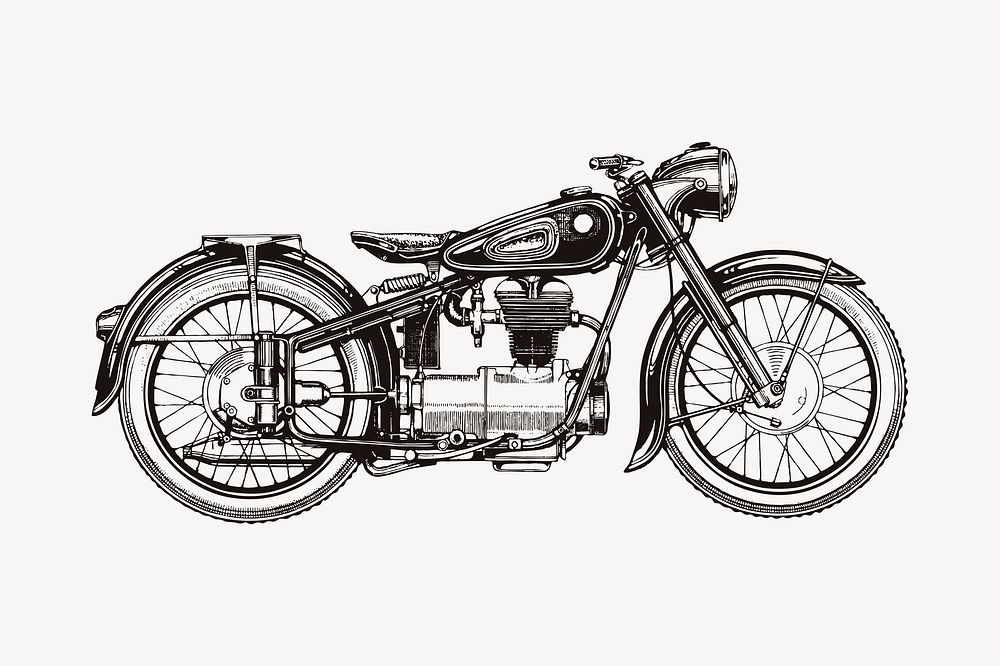 Classic motorcycle drawing, vehicle illustration vector. Free public domain CC0 image.