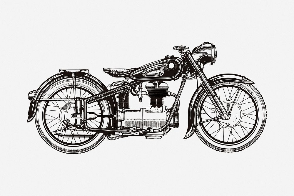 Classic motorcycle drawing, vehicle illustration. Free public domain CC0 image.