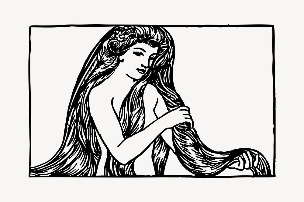 Maiden with long hair clipart, vintage woman illustration vector. Free public domain CC0 image.