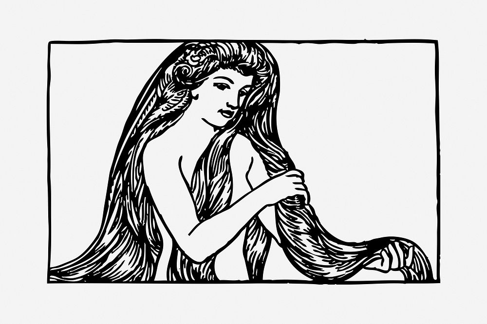 Maiden with long hair drawing, vintage woman illustration. Free public domain CC0 image.