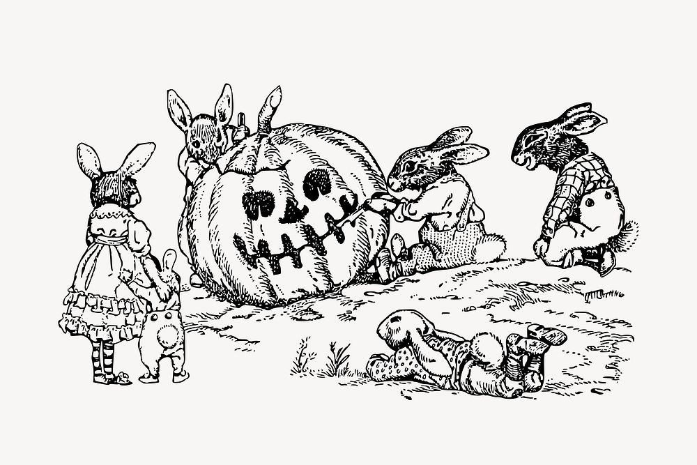 Halloween rabbits clipart, vintage illustration vector. Free public domain CC0 image.